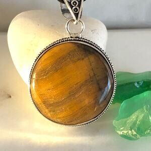 925 Sterling  Round Tiger Eye Pendant
